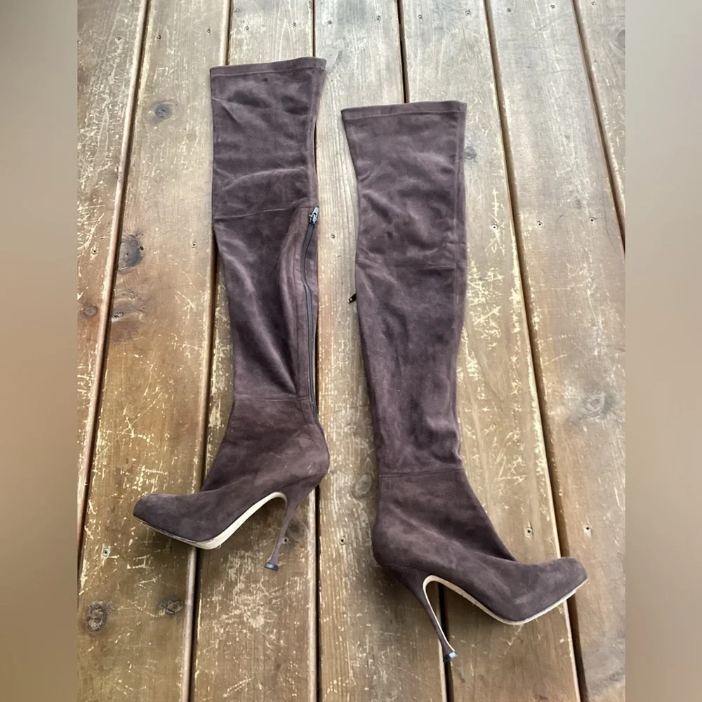 Brian Atwood Thigh High Taupe Brown Suede Sock Heeled Designer Boots Size 36